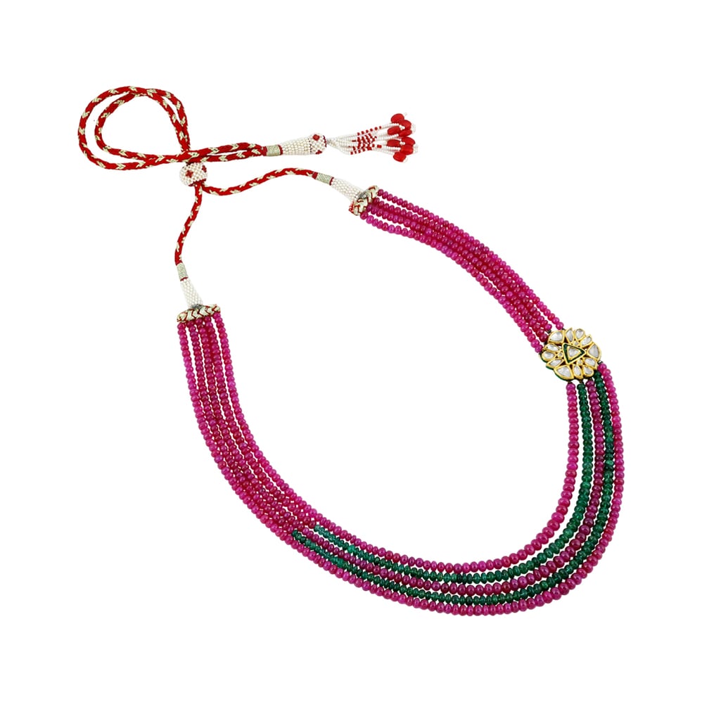 Multi-Strand Ruby and Emerald Necklace with Polki Floral Motif